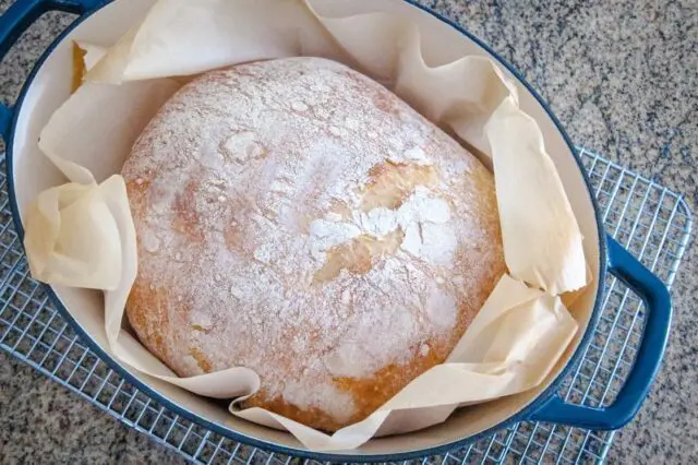 no-knead dutch oven bread in the baking pan