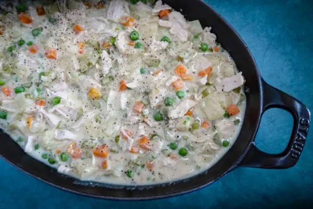 chicken pot pie filling ready for the crust