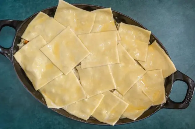 unbaked chicken pot pie with puff pastry patchwork crust