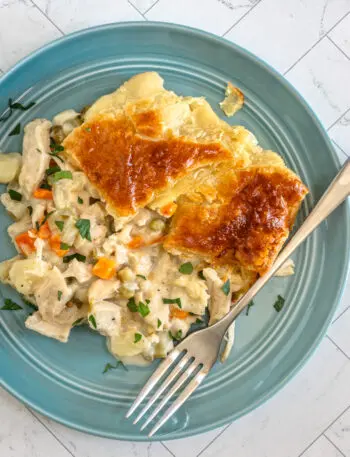 Chicken pot pie with puff pastry crust.