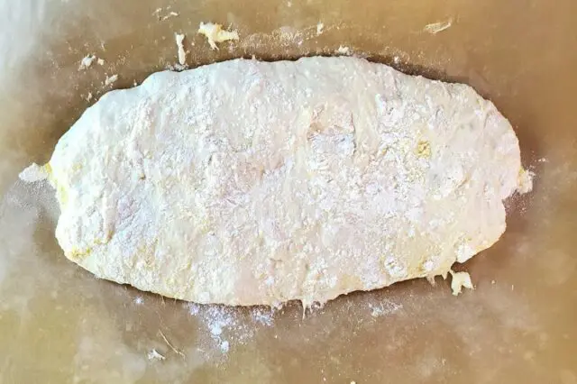 ciabatta bread gently shaped on parchment paper, ready to bake