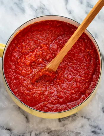 Homemade pizza sauce in a pan