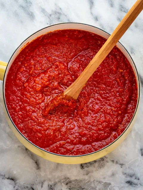 Homemade pizza sauce in a pan