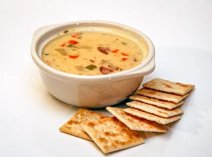 fall chicken chowder in a bowl with crackers