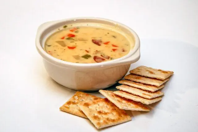 fall chicken chowder in a bowl with crackers