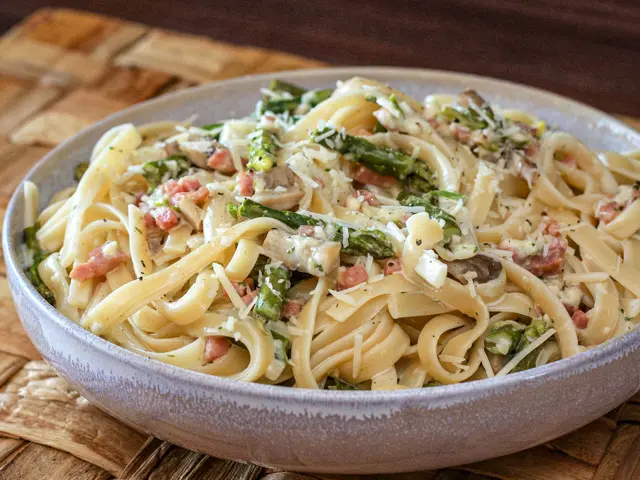 fettuccine with ham and asparagus in a bowl