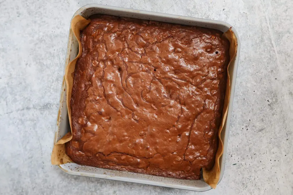 baked fudgy chocolate brownies still in the pan