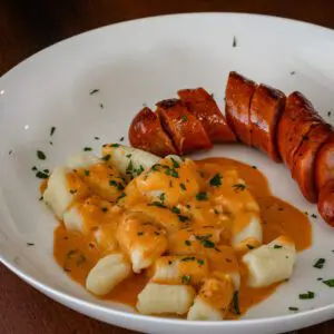 homemade potato gnocchi with sausage on a plate