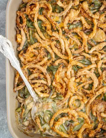 A casserole dish with classic green bean casserole