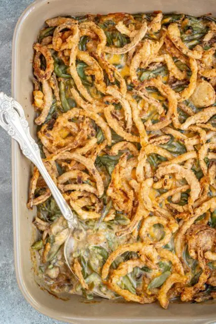 A casserole dish with classic green bean casserole