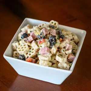 ham pasta salad with marinated artichokes and olives