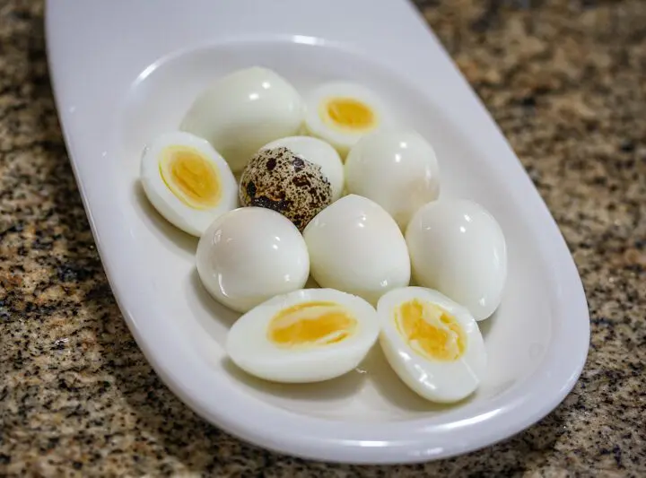 hard-boiled quail eggs, peeled