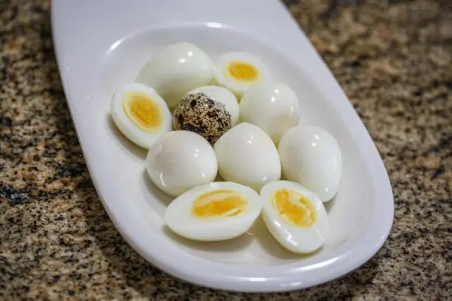 hard-boiled quail eggs, peeled