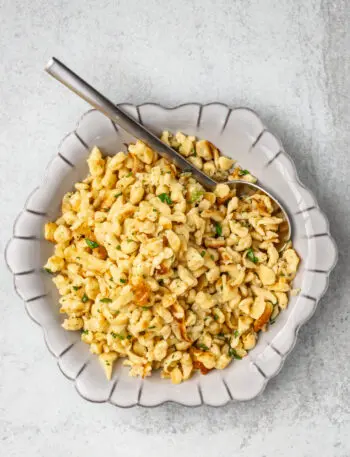 A plate of homemade spaetzle sautéed with butter.