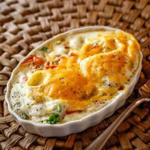 Baked individual breakfast casserole in a shallow ramekin