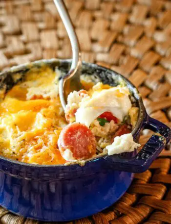 breakfast casserole with eggs and sausage in a mini cocotte