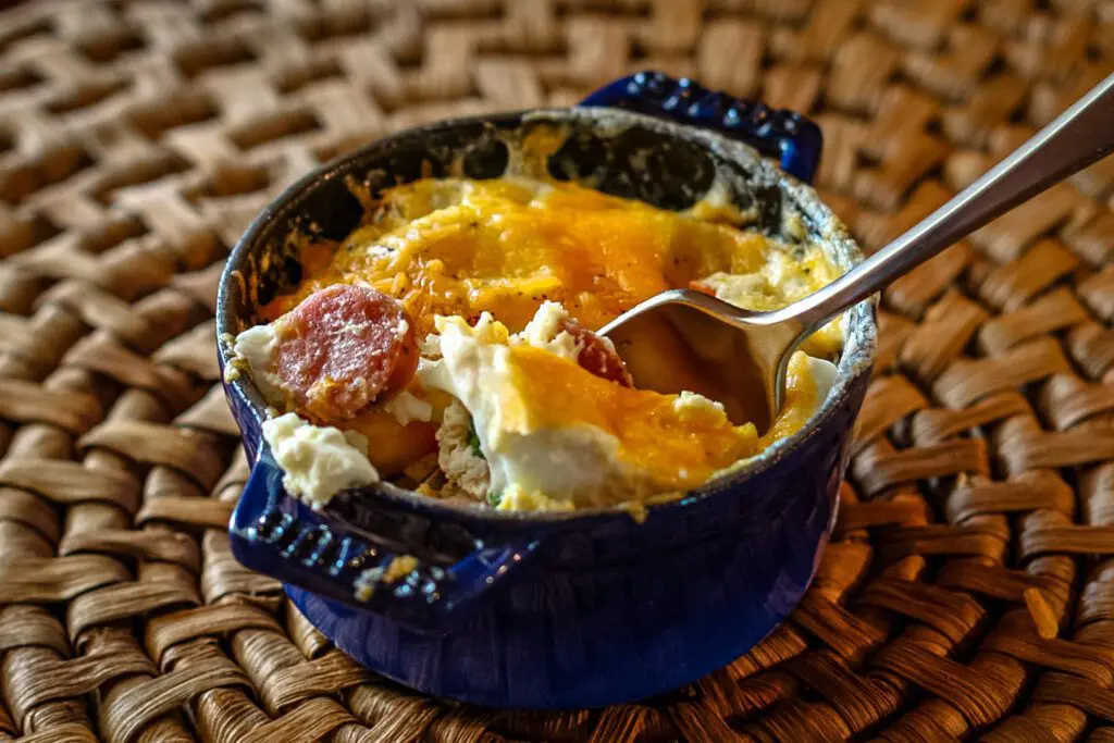 mini breakfast casserole in a cast iron cocotte