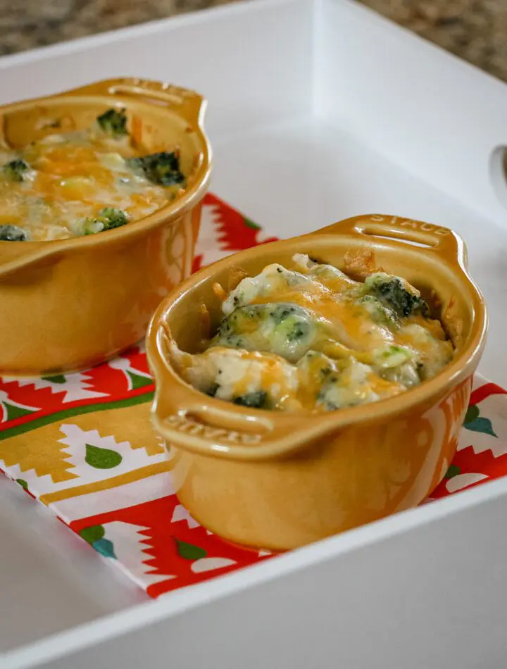 broccoli, rice, and cheese casseroles baked in mini cocottes