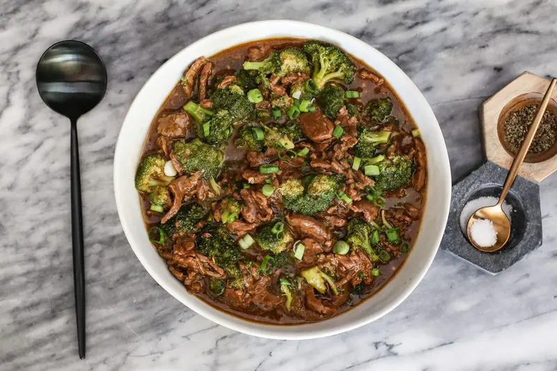 Instant Pot beef and broccoli in a serving bowl