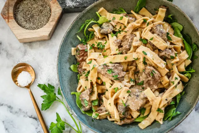 Closeup shot of our Instant Pot beef stroganoff with noodles.