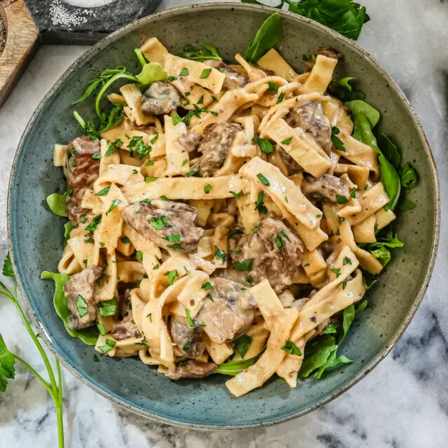 Closeup shot of our Instant Pot beef stroganoff with noodles.