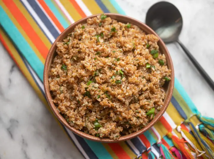 instant pot bulgur pilaf in a serving bowl