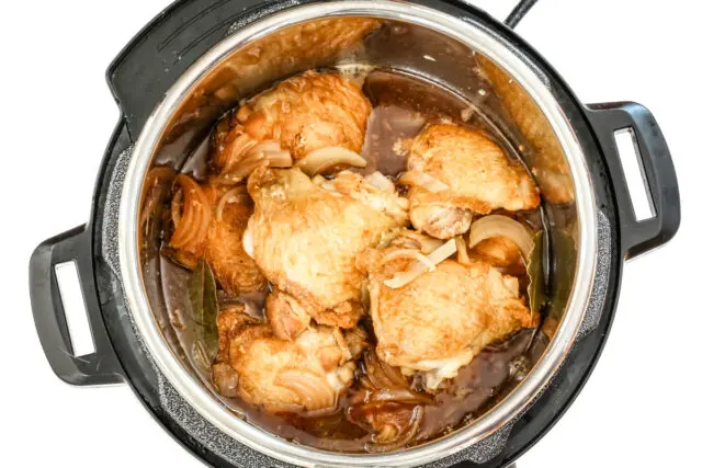 Instant Pot chicken adobo cooked and ready to finish the sauce.