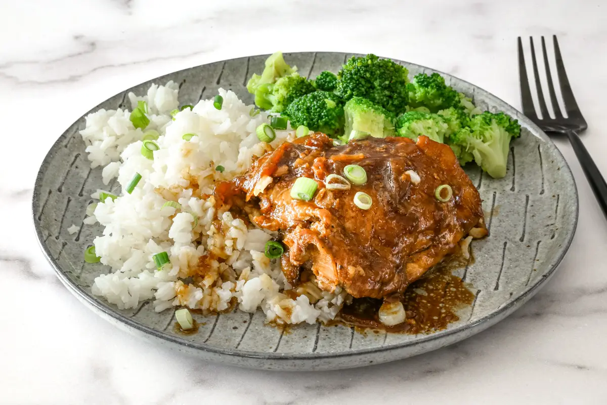 Tangy Instant Pot chicken adobo on a plate with rice and broccoli.