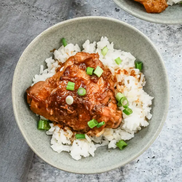 Instant Pot chicken adobo is plated in a bowl with rice and green onions.