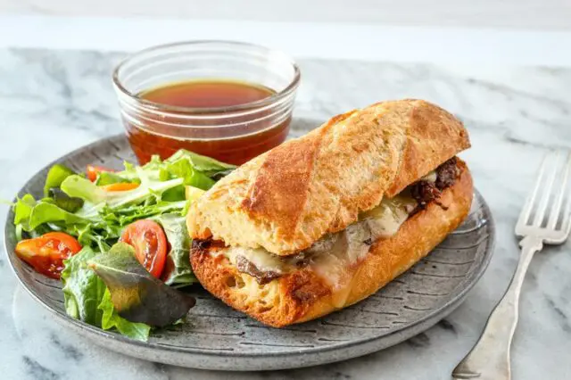 instant pot french dip sandwich with a salad