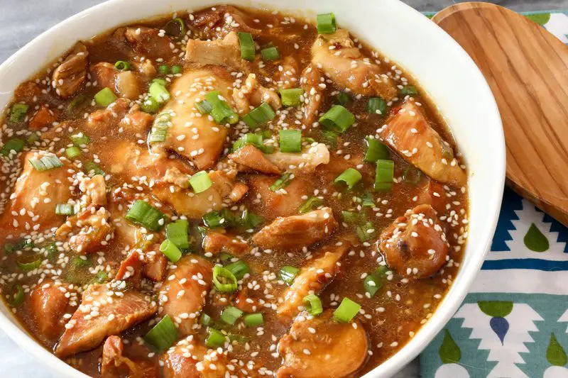 honey sesame chicken from the instant pot in a serving bowl