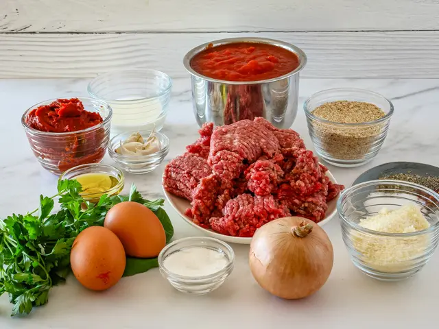 Ingredients for meatballs and sauce.