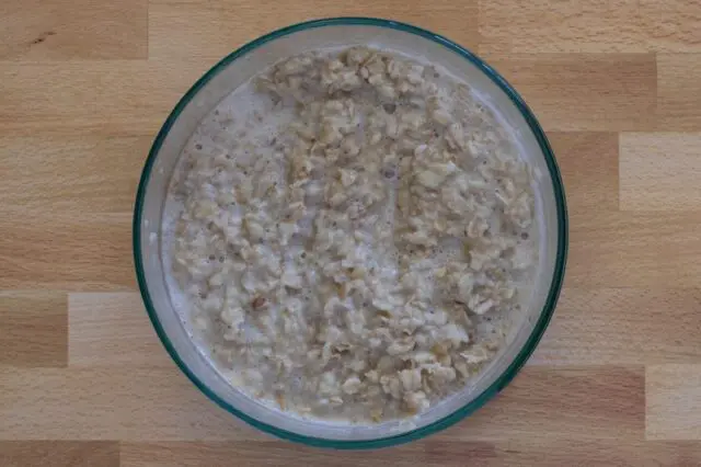 pressure cooked oatmeal in the Pyrex bowl.