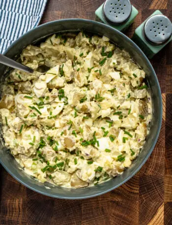 Instant Pot potato salad in a serving dish, ready to enjoy.