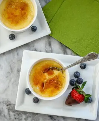 dessert plates with instant pot creme brulee and berries