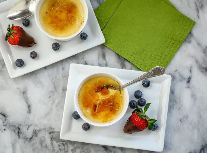 dessert plates with instant pot creme brulee and berries