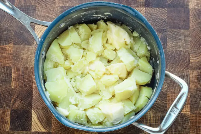 Potatoes cooked with butter for Irish champ, mashed potatoes with scallions or green onions.