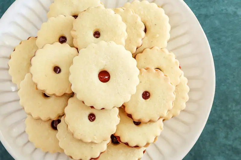 closeup of jammie dodger cookies on a plate
