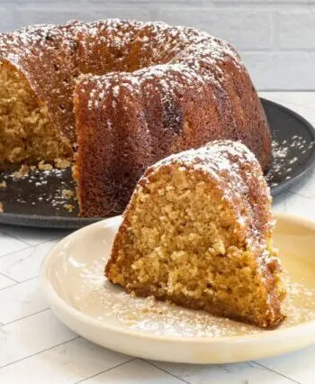 A slice of Kentucky butter cake, a brown sugar cake baked in a Bundt cake pan.