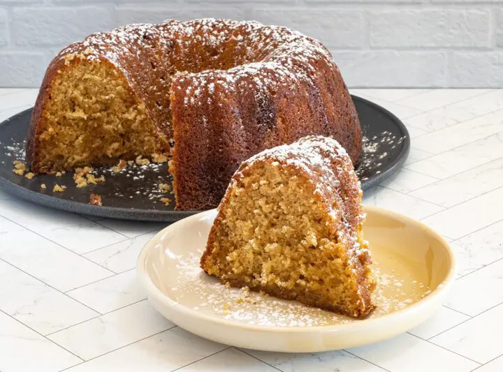 A slice of Kentucky butter cake, a brown sugar cake baked in a Bundt cake pan.