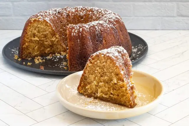 A slice of Kentucky butter cake, a brown sugar cake baked in a Bundt cake pan.