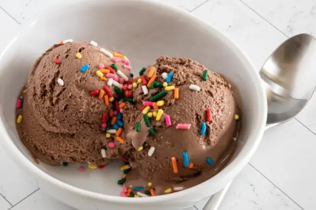 closeup of keto chocolate ice cream with sprinkles