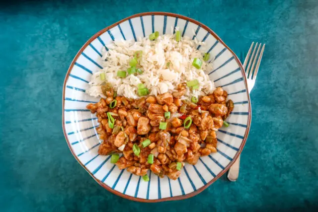 A serving of kung pao chicken with rice and green onion garnish.