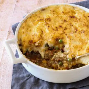 baking dish with leftover roast beef casserole and mashed potato topping.