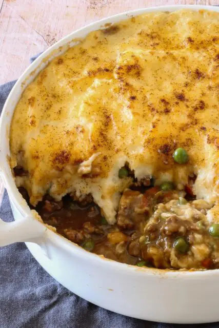 beef and mashed potato casserole made with leftover roast beef and mashed potatoes