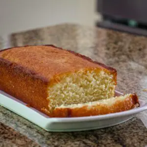 lemon bread sliced on a tray