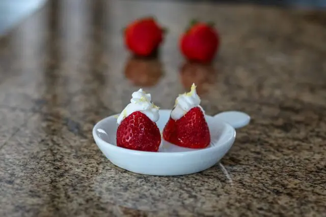 Lemon and cream cheese filled strawberries.