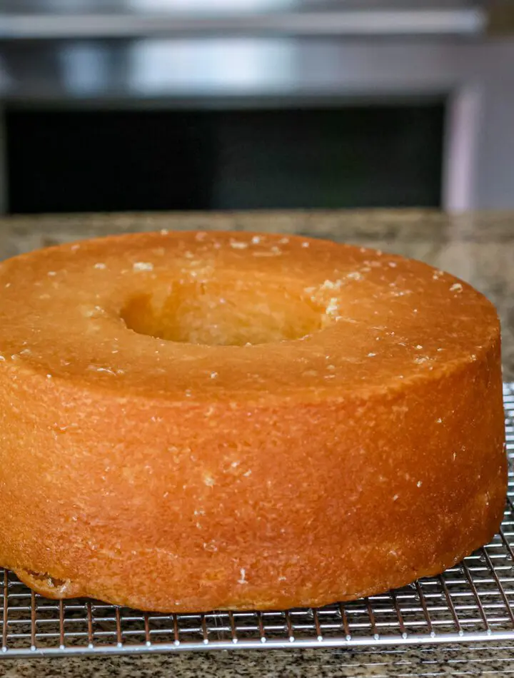 lemon pound cake on a cooling rack