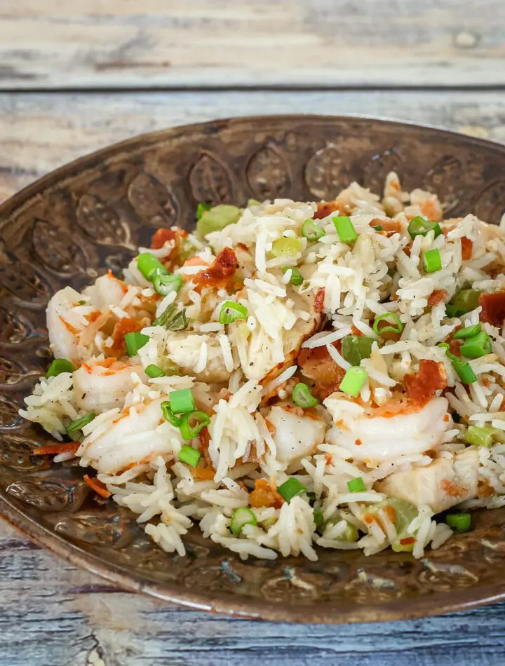 shrimp and rice skillet on a serving plate