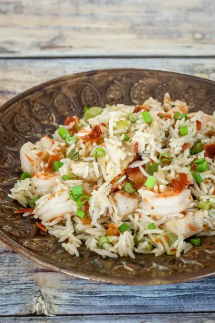 shrimp and rice skillet on a serving plate